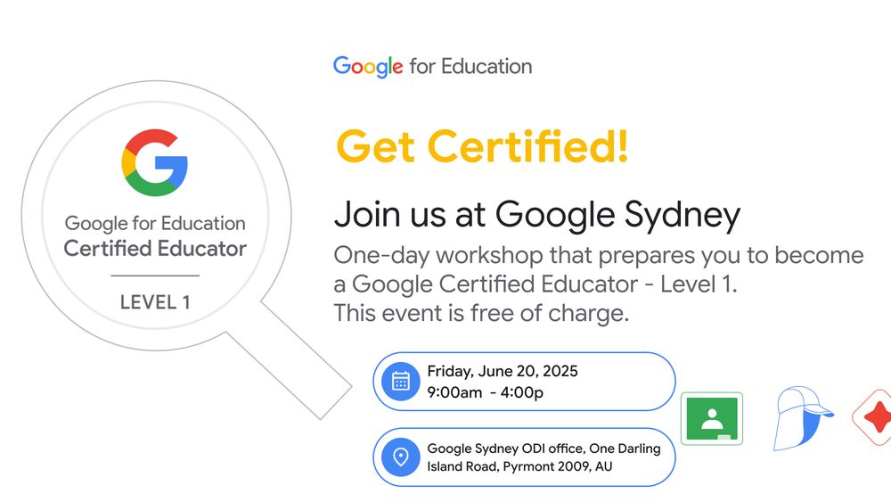Join us at Google Sydney
One-day workshop that prepares you to become a Google Certified Educator - Level 1 
This event is free of charge. 
