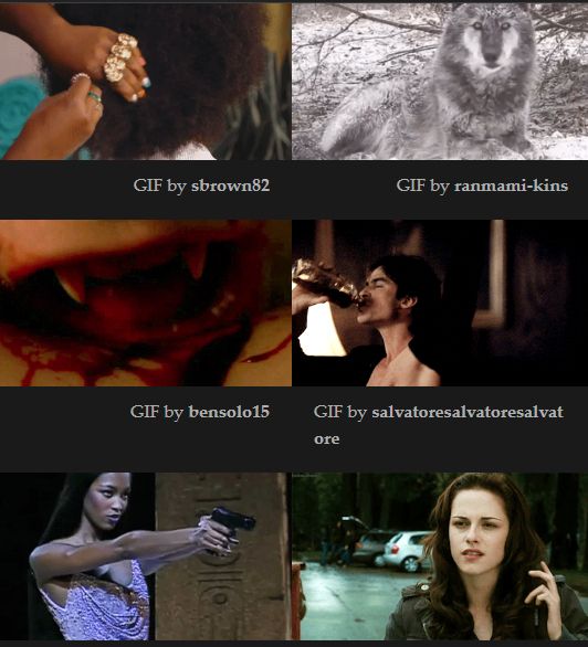 First image of a black woman getting her afro picked out by a hairstylist's hands.   Second image is of a gray wolf lying down in snow.  Below, on the left in the second row,  Vampire teeth in a bloody mouth.  On the right second row is Damon from Vampire Diaries drinking and dancing.  At the bottom left row, Naomi Campbell modeling and holding a gun.  Bottom right, Bella Swann from Twilight staring and lightly touching her hair.