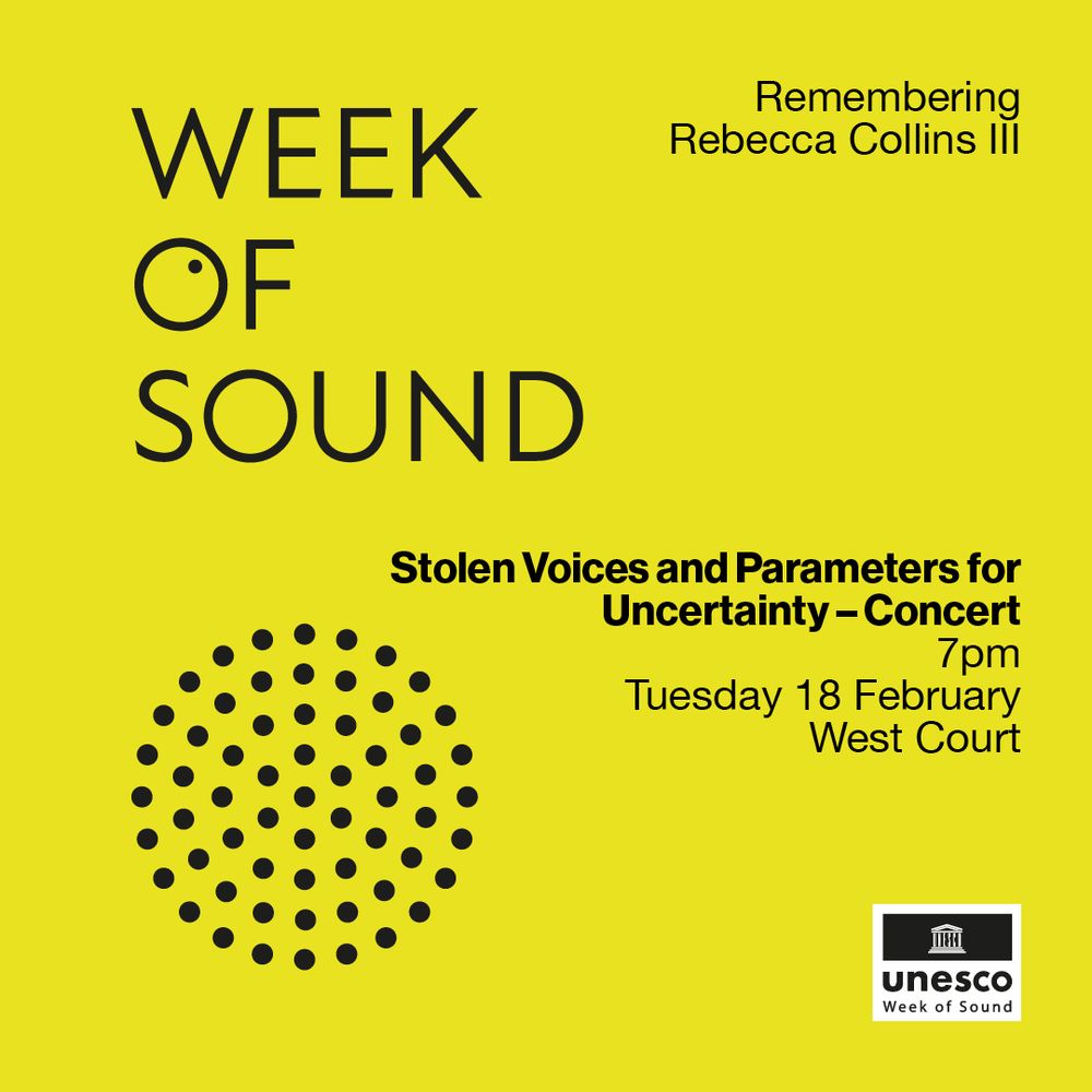A yellow square graphic. In the lower left corner there is a circle of white dots, in a pattern similar to that seen on a loudspeaker. There's a UNESCO week of sound logo in the bottom right.