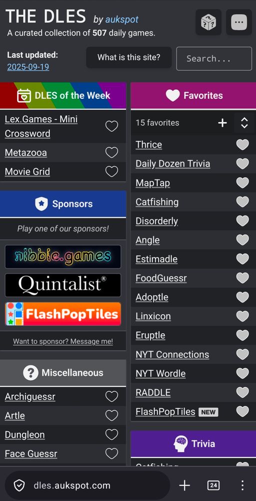 Screenshot of The DLES on mobile showing the new layout that features a Favorites section at the top of the 2nd column from the left