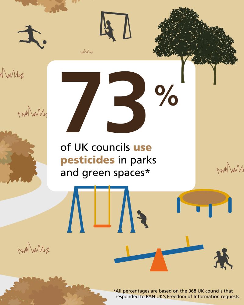 A brown graphic showiing a playground the statistic: 73% of UK councils use pesticides in parks and green spaces.
