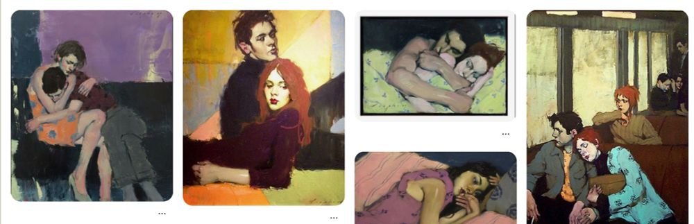 A collage of Liepke paintings showing off his style- melancholy or moody figures with flesh rendered in tones that are waxy, flush, bruised, and somehow incredibly alive; framed in stark and sometimes clashing brighter colors in their settings and clothing 