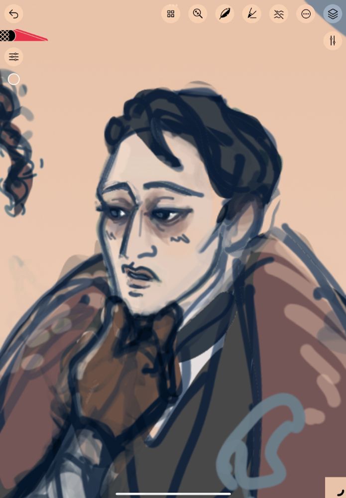 crop of a drawing of riel from shepherds of haven: dark circles under his eyes.