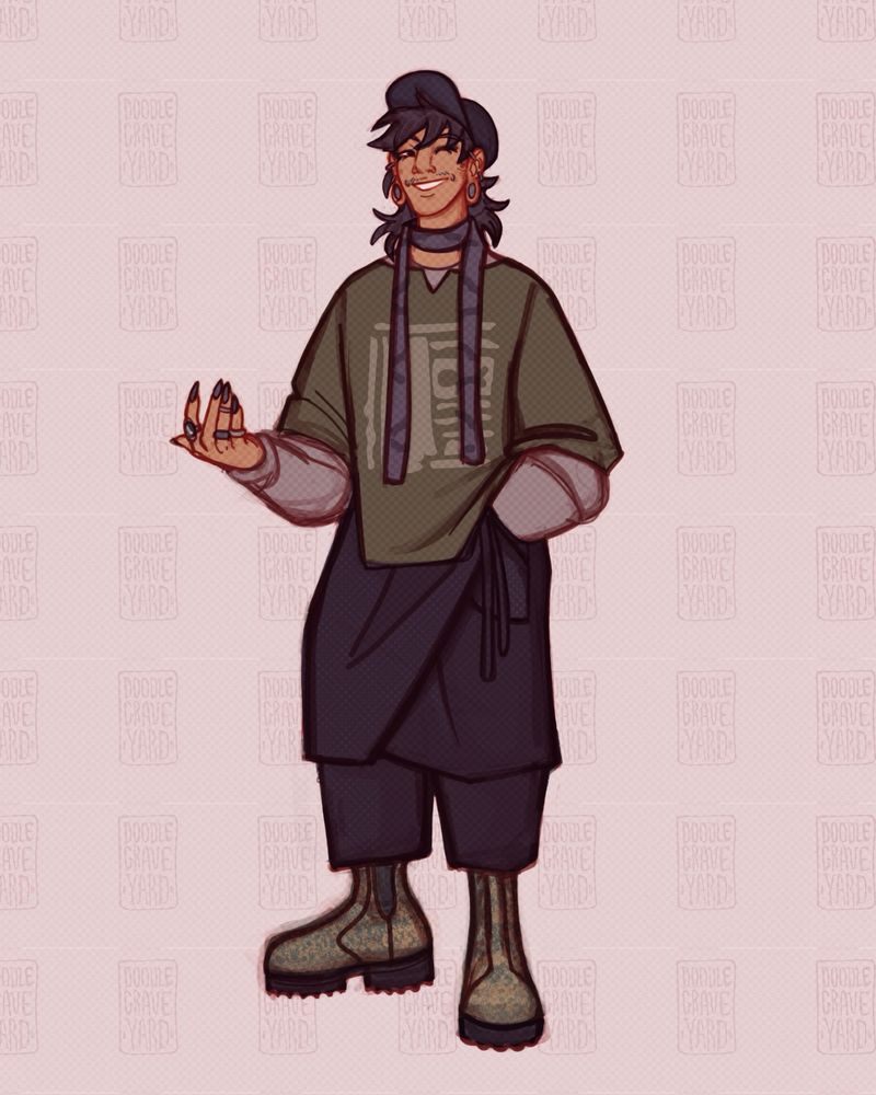 Colored digital drawing of Sero Hanta from BNHA. He’s wearing an oversized green shirt with slits at the side over a grey long sleeved shirt that covers his distinctive elbows. His long hair is covered by a black cap and he wears a skinny scarf, very 2000s. A black asymmetrical wrap skirt is tied atop wide legged black trousers that are a bit cropped, Showing off army green boots. He has rings on his fingers and multiple piercings. His nails are long and his facial hair a bit scruffy a la his epilogue design 