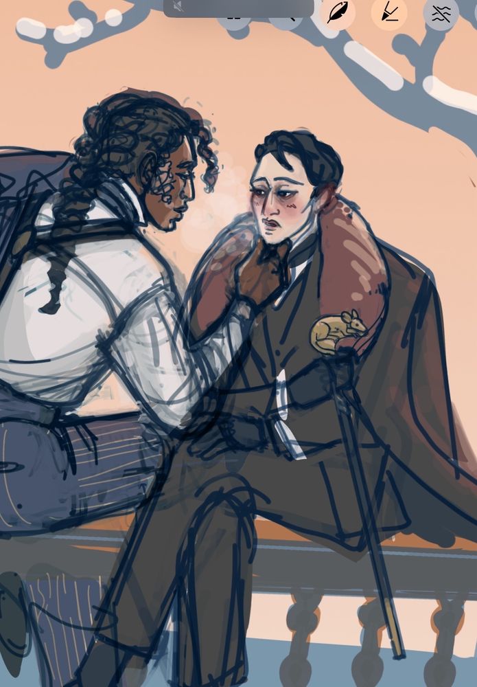 Cropped sketch of riel from shepherds of haven and artists MC Cascabel; they sit on a railing, cascabel with his back slightly to the viewer, leaning in and tipping Riel’s chin up. Riel sits wit his legs crossed nearly, winter coat draped over his shoulders and breath clouding around his mouth. 
