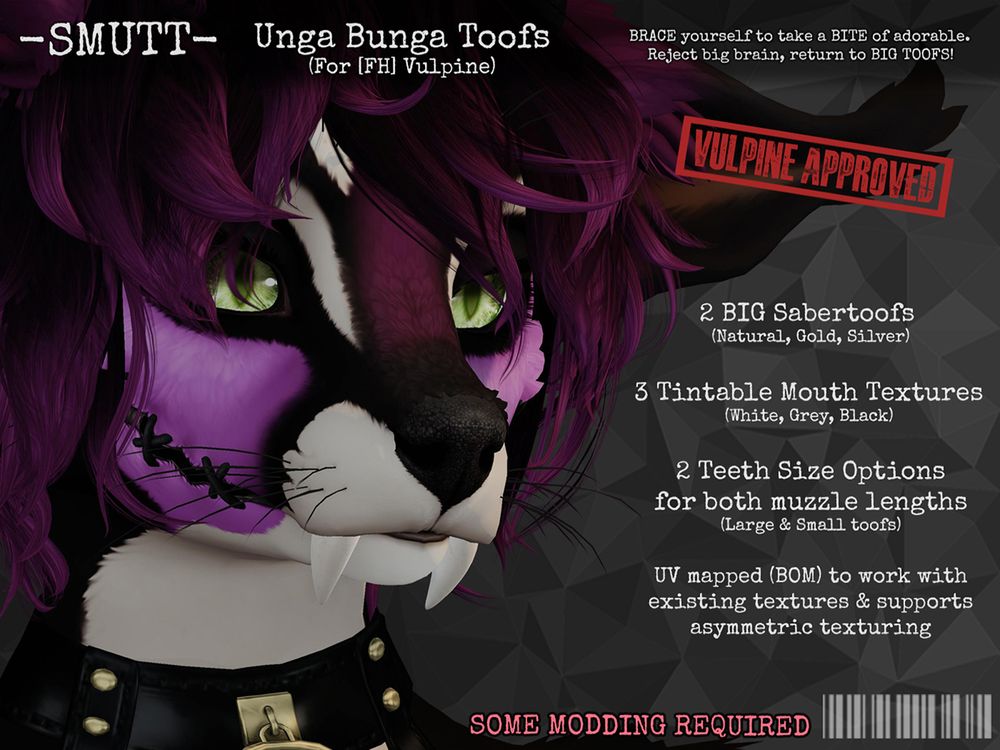 Closeup of a fox avatar with green eyes, purple and black fur, and exaggerated saber teeth. Text around the image promotes a virtual item mod called "Unga Bunga Toofs" for [FH] Vulpine avatars, featuring two sabertooth styles, three mouth textures, and modding options. A red stamp reads "Vulpine Approved"