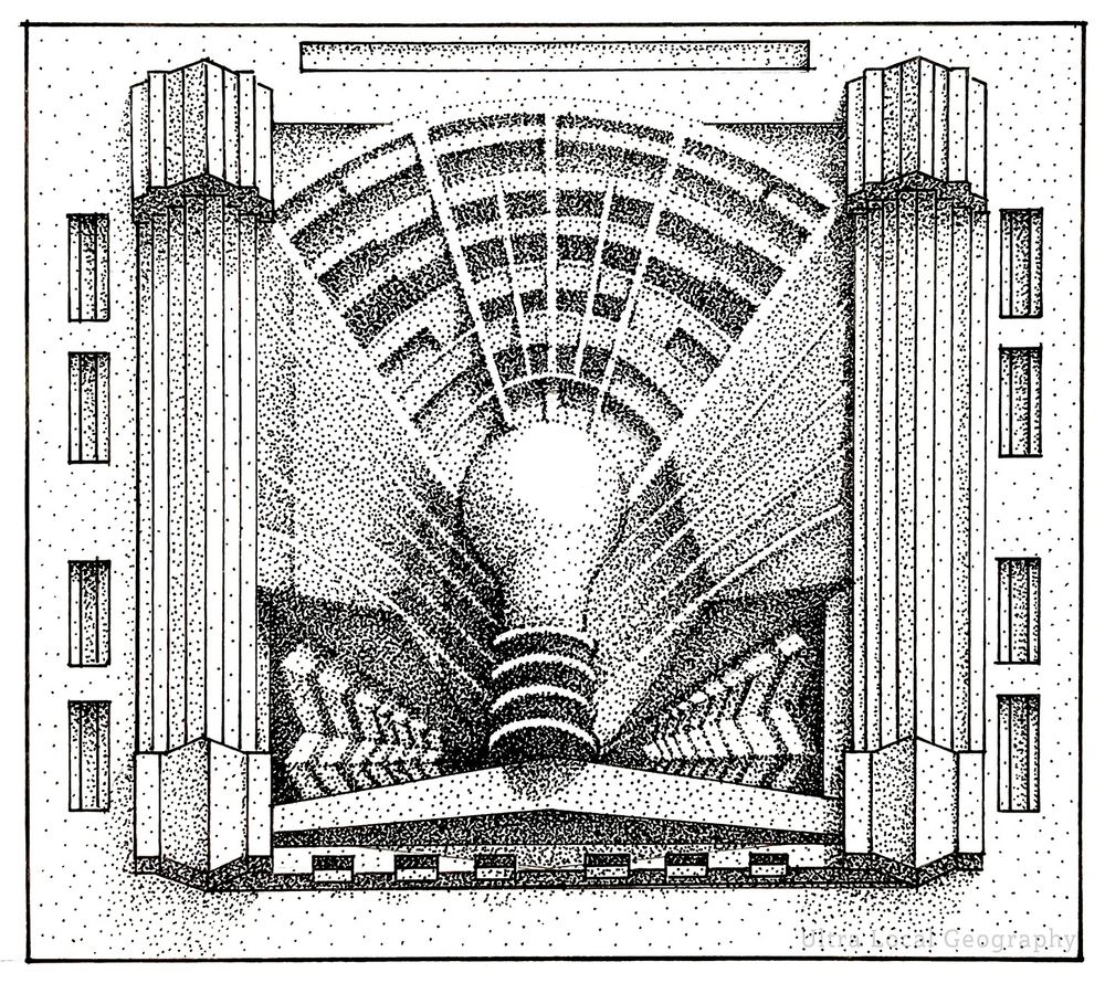 Pointillist pen drawing of a Chicago electrical substation stone panel depicting a lightbulb with emanating rays. 