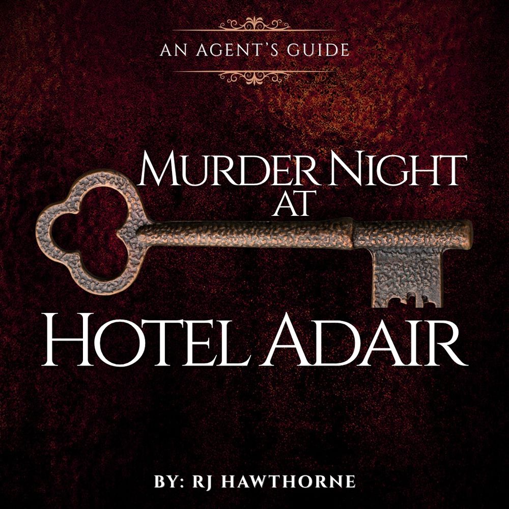 ALT: reddish textured background with a vintage key in the center. The following white text overlaid: THIS MURDER NIGHT AT HOTEL ADAIR. By RJ Hawthorne