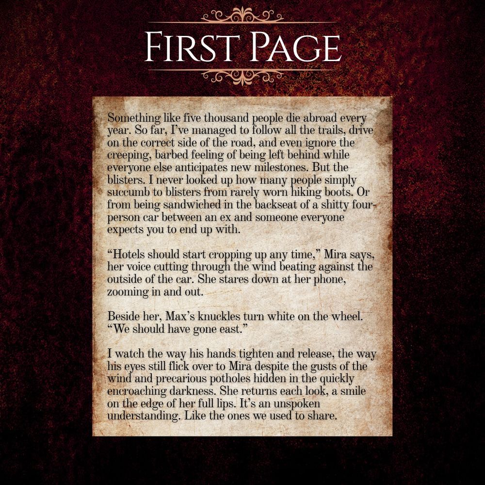 ALT: reddish textured background with a vintage marquee scroll at the top, framing the word FIRST PAGE. There’s a picture of old paper with black text on it.