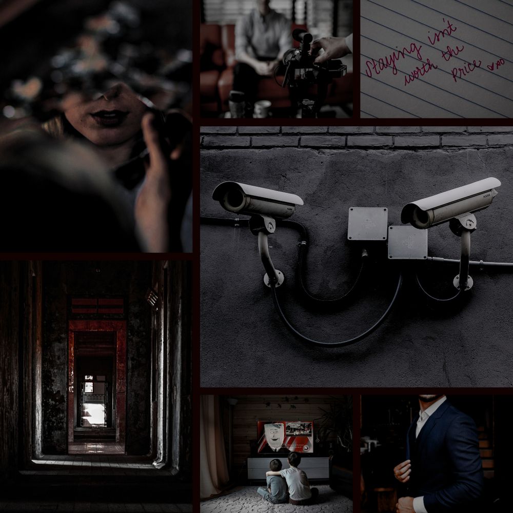 [photo grid] 7 pictures: woman looking into a broken mirror, only the bottom portion of her face is visible; a camera pointing at a blurred man on a red couch; a note with red handwriting: STAYING ISN’T WORTH THE PRICE <3 XO; two off-white surveillance cameras; a man adjusting a navy suit; two young kids watching a parody news channel; a liminal, dilapidated hallways with red coloring