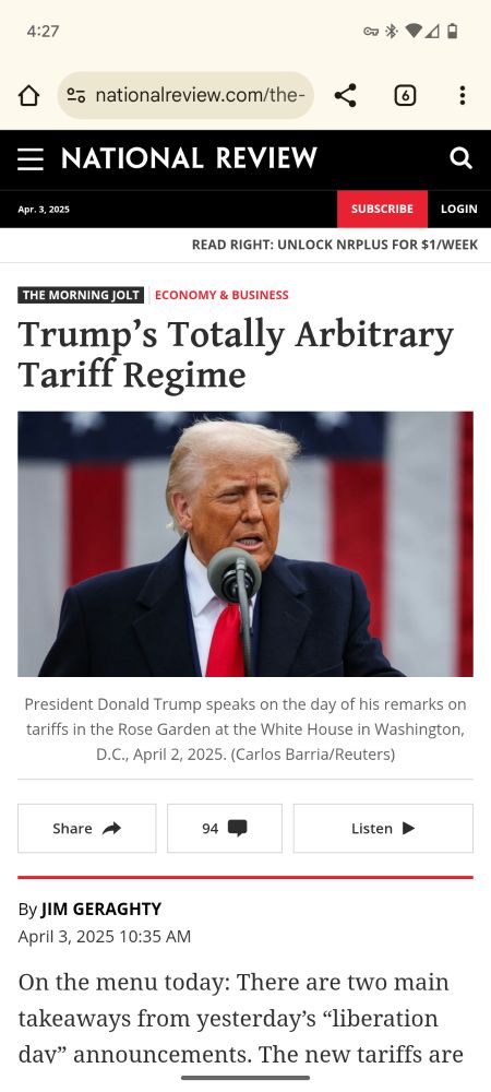 National Review
Headline: Trump's Totally Arbitrary Tariff Regime 
Photo of Donald Trump