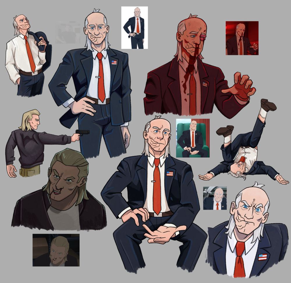 A collage of Cecil Stedman from Invincible in various poses. Four are screenshot redraws. Three are original doodles, one of him with his jacket off and over his shoulder, one of him falling over backwards, and one of a young Cecil with a gun. 