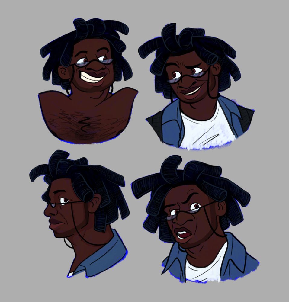 Facial expression practice with my oc, Darnell Adam. Top left he is smiling and looking confident (shirtless because I hadn’t figured out his clothes yet). Top right he is finally clothed, has one eyebrow raised and a teasing smile. Bottom left is in profile looking rather stoic. Bottom right is confusion or defiance, eyebrow raised, leaning forward, mouth open as if mid sentence. 