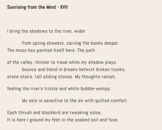 Sunrising from the Mind - XVII

I bring the shadows to the river, wider

           from spring showers, carving the banks deeper.
The moss has painted itself here. The path

of the valley, thinner to tread while my shadow plays
           bounce and blend in breaks betwixt broken trunks,
stone stairs, tall sliding stones. My thoughts vanish,

feeling the river’s trickle and white bubble-womps.

           My skin is sensitive to the air with quilted comfort.

Each thrush and blackbird are tweaking solos.
           It is here I ground my feet in the soaked soil and fuse.