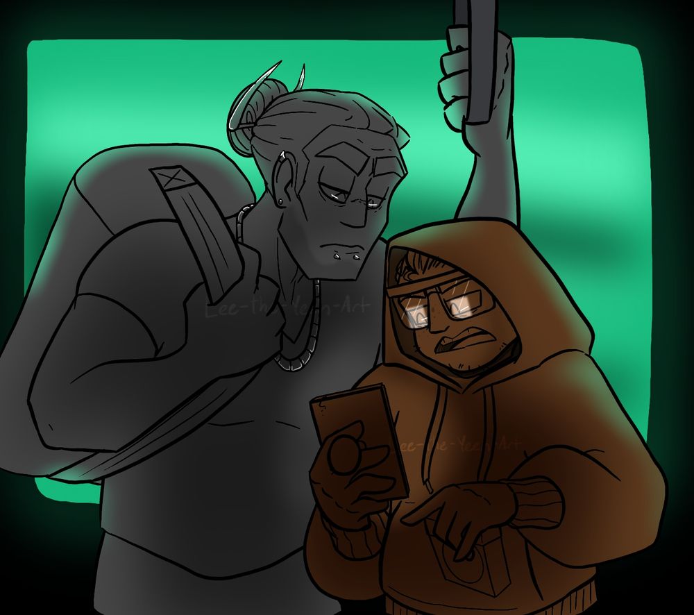 Digital drawing of Avak and Reidak on a public bus. Avak is a short, stocky human in a hoodie and large glasses. He holds a cigarette box in his left hand as he gestures. Reidak is a large, muscular human with multiple piercings and his hair in a bun with a decoration resembling his horns. He has a gym bag slung over his shoulder. Both are leaned in, looking at something on Avak's phone.