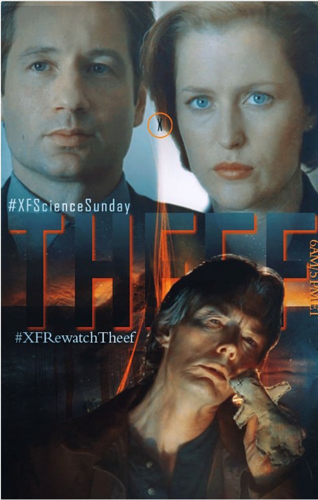 Cover photo for The X-Files episode "Theef" with Mulder, Scully, and Orell with a voodoo doll.