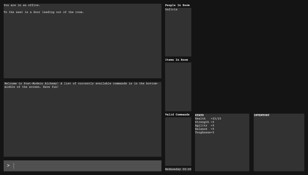 A screenshot of "Post-Modern Alchemy", a text-based game.