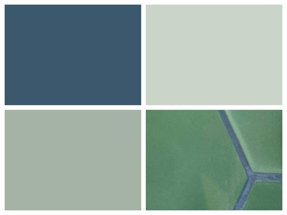 A collage of 3 green colors and one blue. 