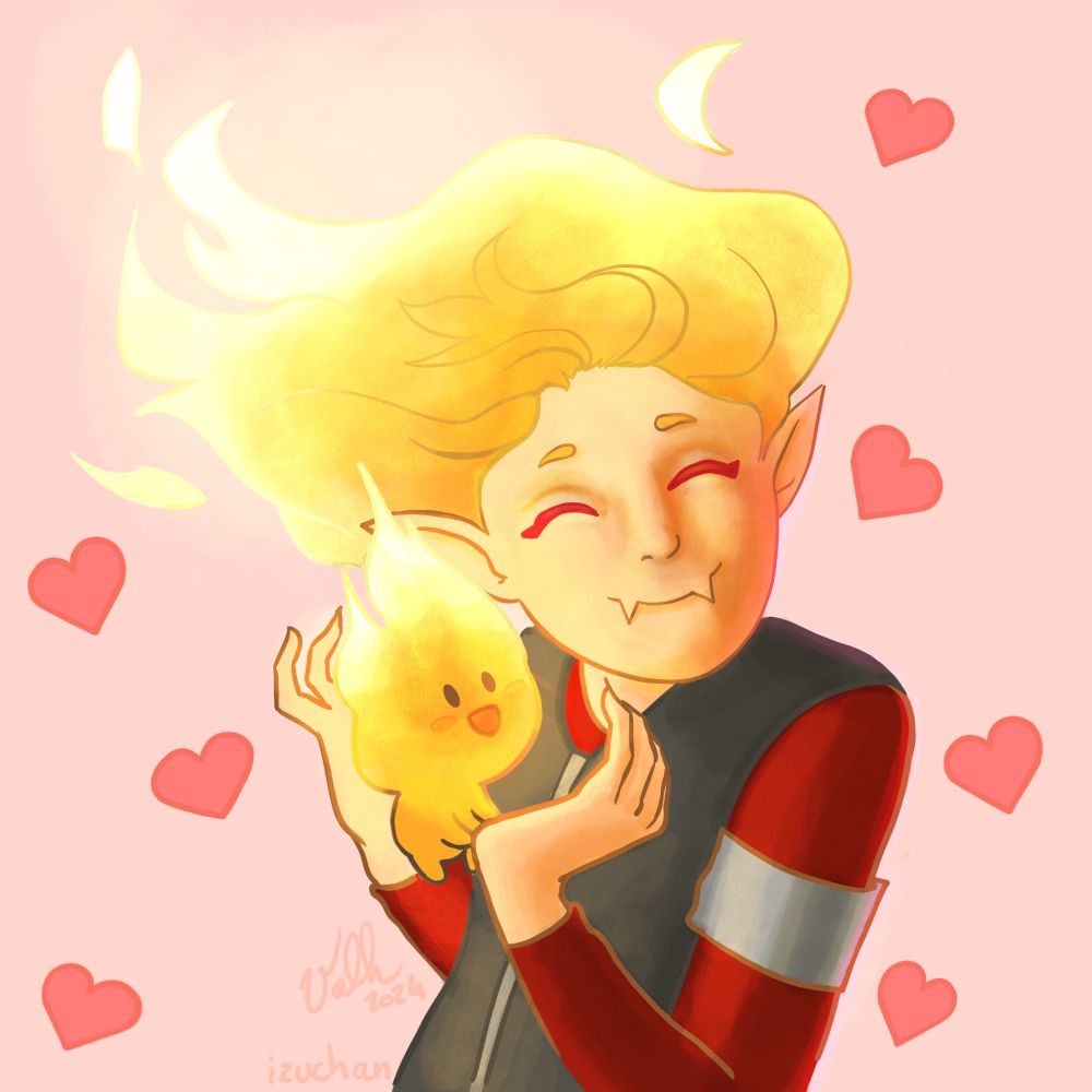 Tango is smiling, hugging Torchy his imaginary friend. They are surrounded by hearts.