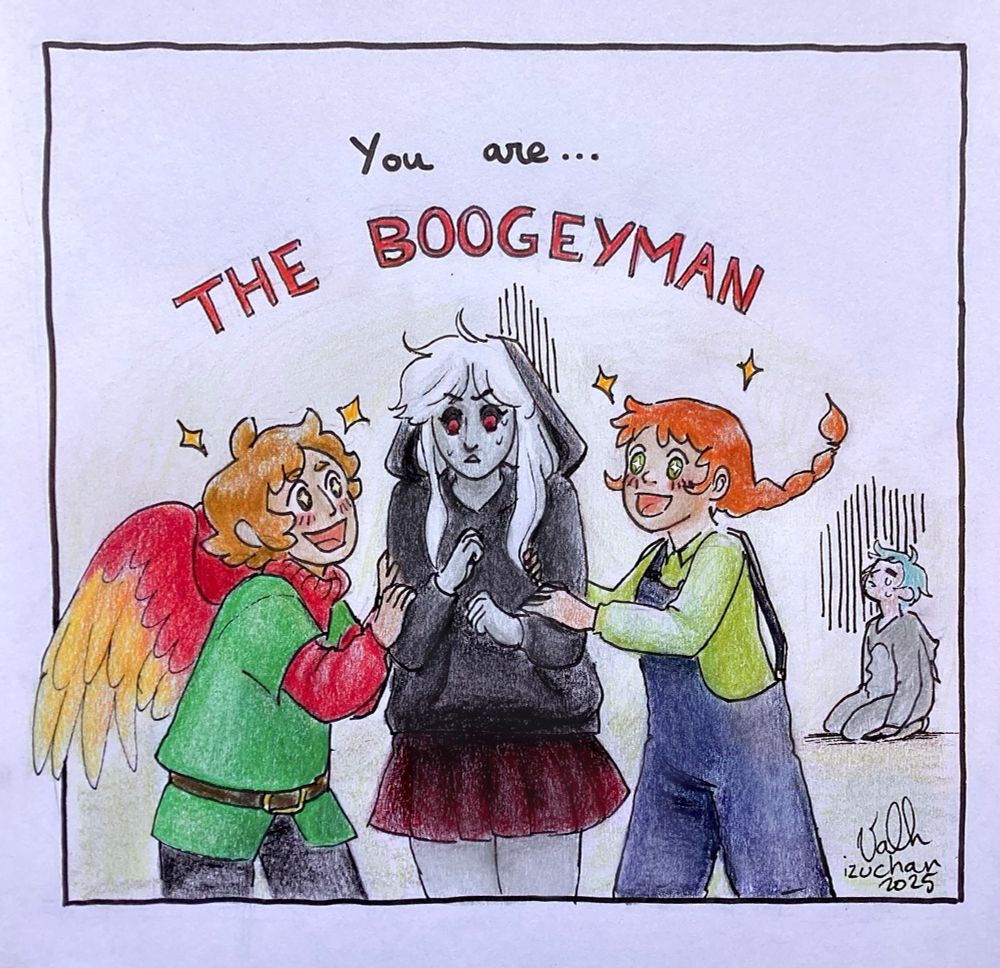 text: You are... THE BOOGEYMAN

In the foreground, Grian, Pearl and Gem. Pearl is stressed out by the Boogeyman news, while Gem and Grian are clinging to her, both ecstatic.

In the background, Scott is crying in despair.