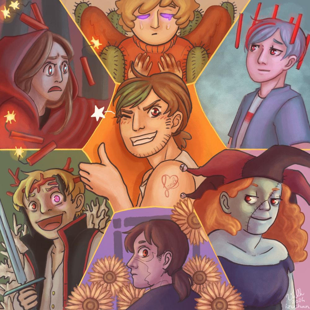 All the winners of the Life series are represented. On the upper half, left to right: Pearl, Grian, Scott - On the lower half, left to right: Martyn, Scar, Cleo. And in the center: Joel, our new winner :D