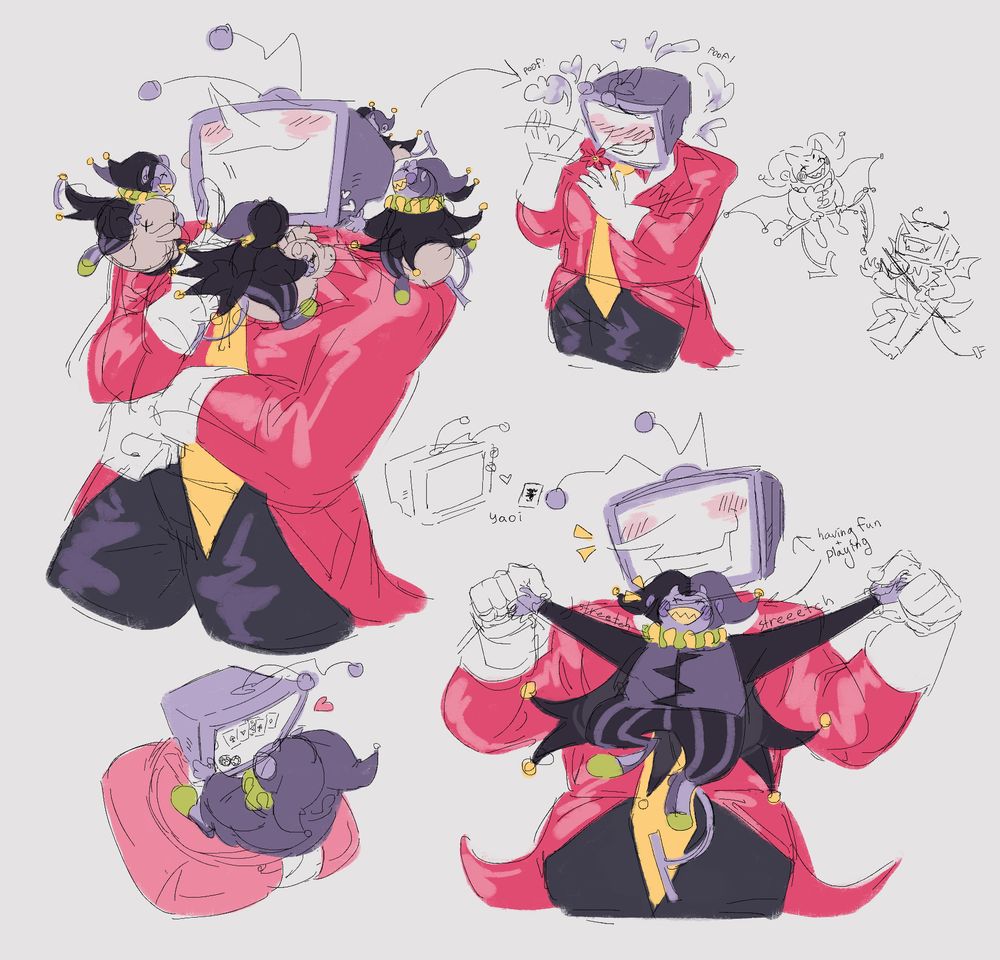 A canvas with several Tennavil sketches:
A bunch of tiny Jevils on carousel seats circling around bluching Tenna, with Tenna waving them away as they disappear in clouds of smoke;
Tenna stretching Jevil's arms with his hands, both of them giggling;
Jevil holding Tenna's screen while sitting in his arms, watching poker;
Tenna and Jevil as little demons.