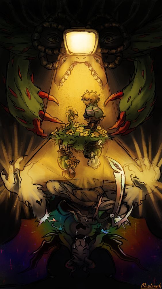 Frisk standing in front of Flowey as the tv head of Photoshop Flowey casts a spotlight at them. Mirroring it upside down, Asriel sits, holding the camera, as Chara approaches him, flowers in their hands. Final form Asriel, with his hands outstretched, casts two spotlights on them, while crying, as God of Hyperdeath Asriel floats in-between them with sword in hand, smiling.