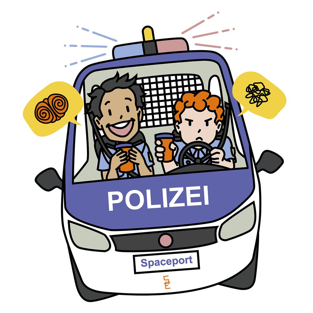 Cops Alex and Olli in their police car from Dr. Sophie G. Elschner's short story "Spaceport". Published in Dr. Helena Hartmann's "Science and Fiction".