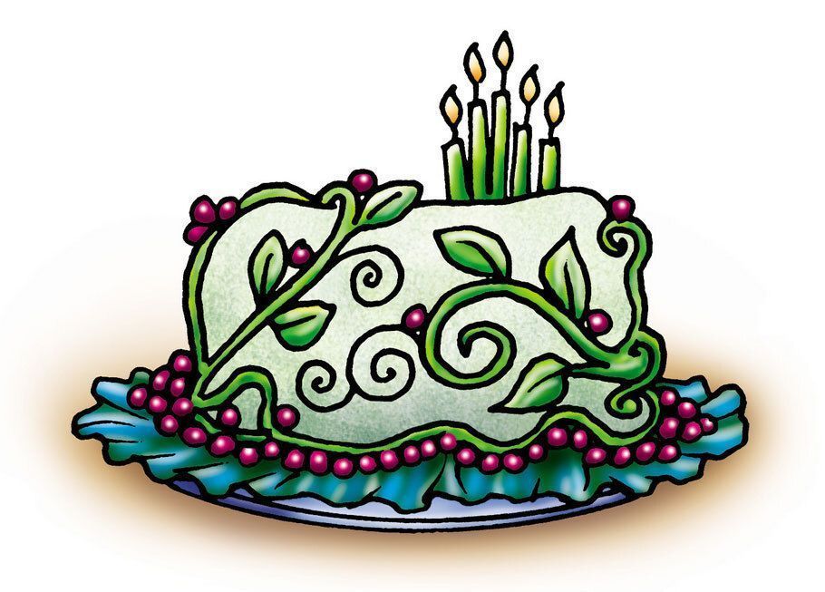 A fancy cake with green icing, vines, and red berries. It's got five green candles on top.