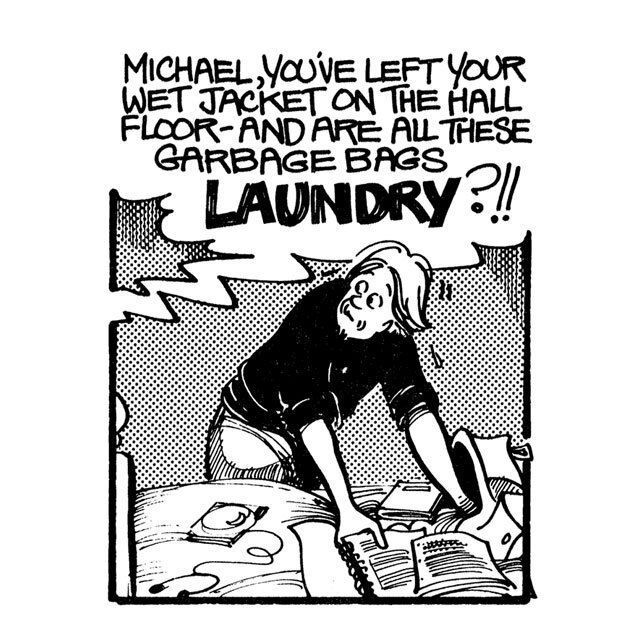 He starts to unpack and Elly scolds him for leaving his jacket on the hall floor and bringing home trash bags of laundry.