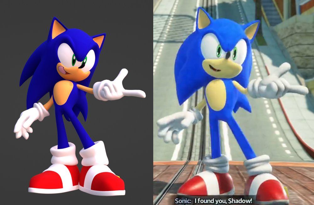 Side-by-side comparison of a screenshot from SONIC X SHADOW GENERATIONS (Right) and a recreation of the pose with a different model (Left)