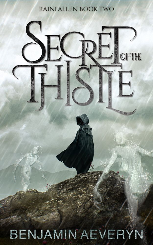Book cover shows a cloaked figure standing on a peak amongst mountains. In the background is a loch. Thistle sprout from the rocky ground. It is raining heavily. Ghostly figures made of rain stalk the cloaked figure.