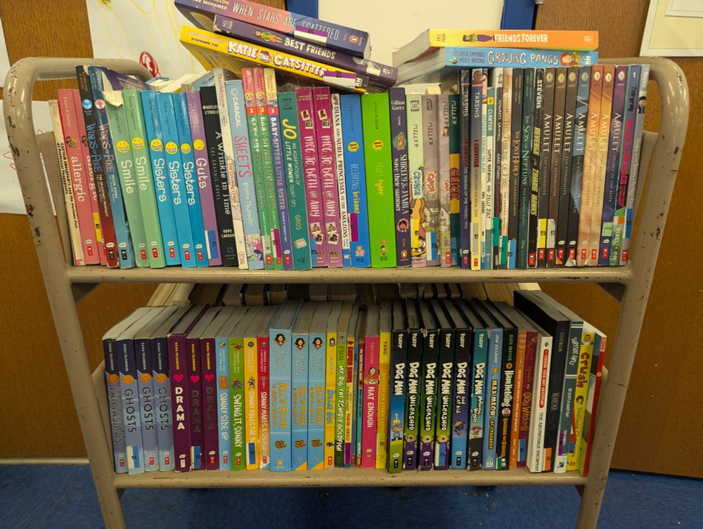 A small library cart overflowing with graphic novels for my elementary school.