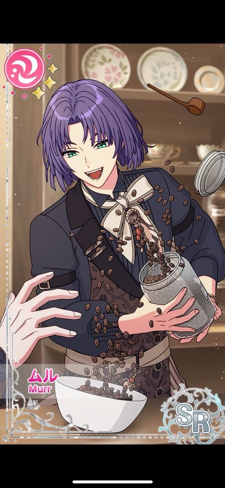 まほやくのカードイラスト。ムルが瓶からコーヒー豆をぶちまけている。