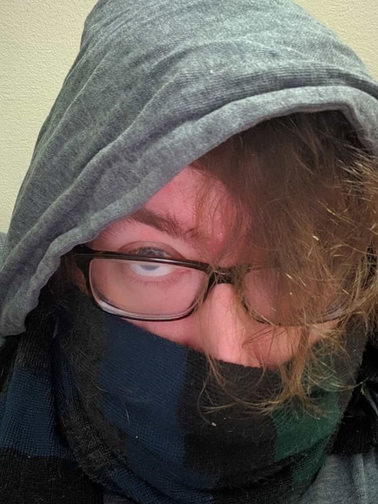 Me bundled up in a coat, hoodie, and scarf. Only part of my face is visible and my hair is all over the place