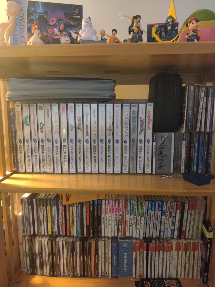 One of my gaming shelves arranged in order. Saturn, Dreamcast, and PC-Engine games. 