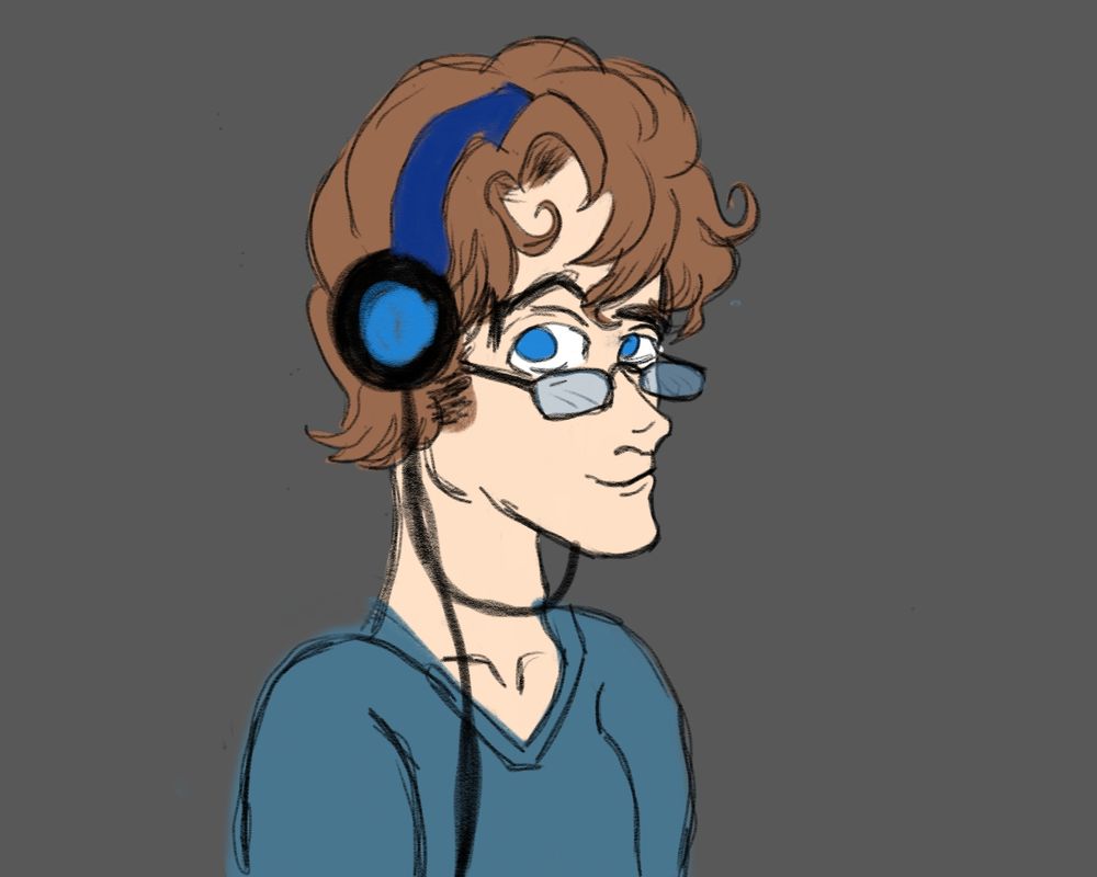 A drawing of a man wth shaggy brown hair listening to music on big headphones 
