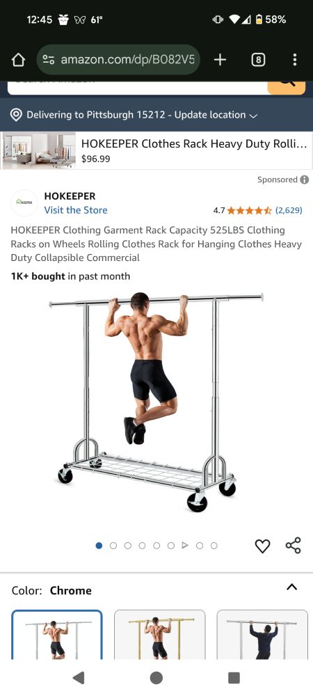 Screenshot of Amazon listing for a clothing rack with a man photoshopped poorly doing pull ups on the rack. 