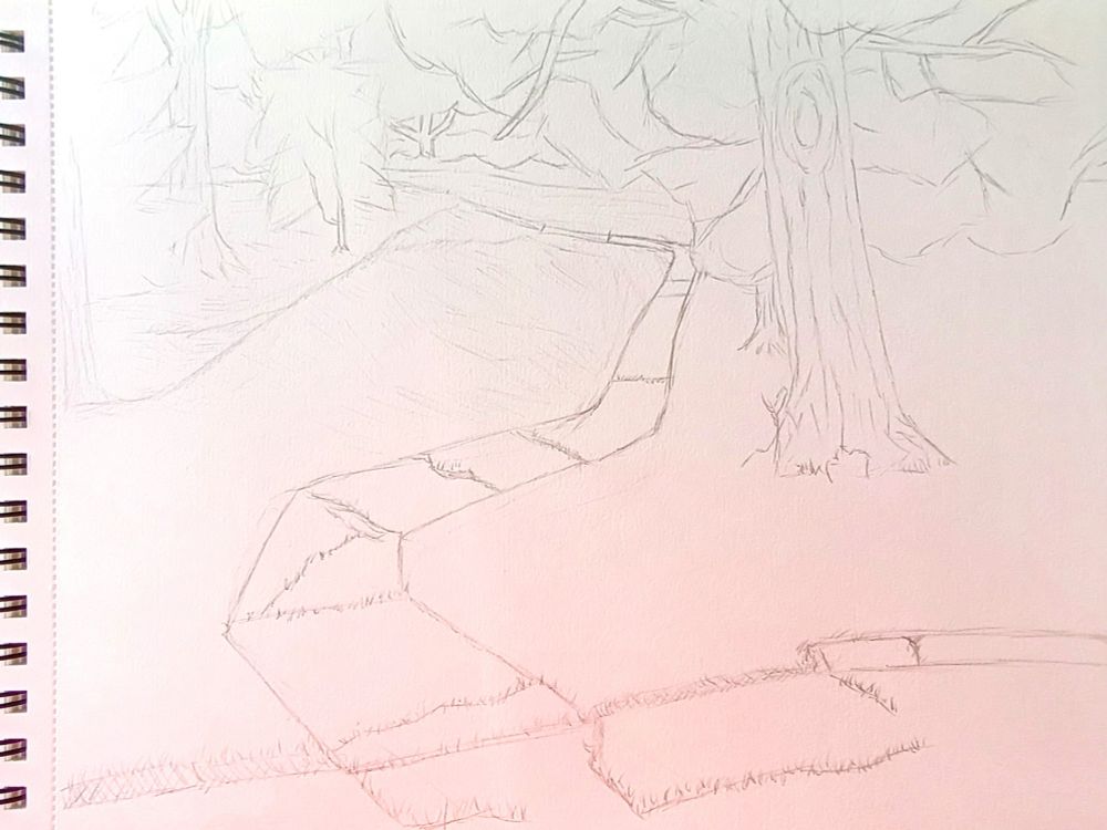Pencil drawing of a path winding up a hill with trees. 