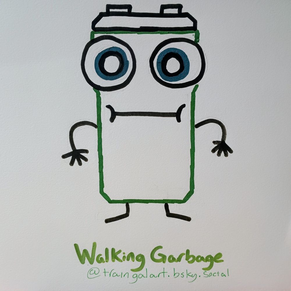 A green trash bin with a black top. The bin has big eyes and a neutral mouth, and simple arms and legs. 