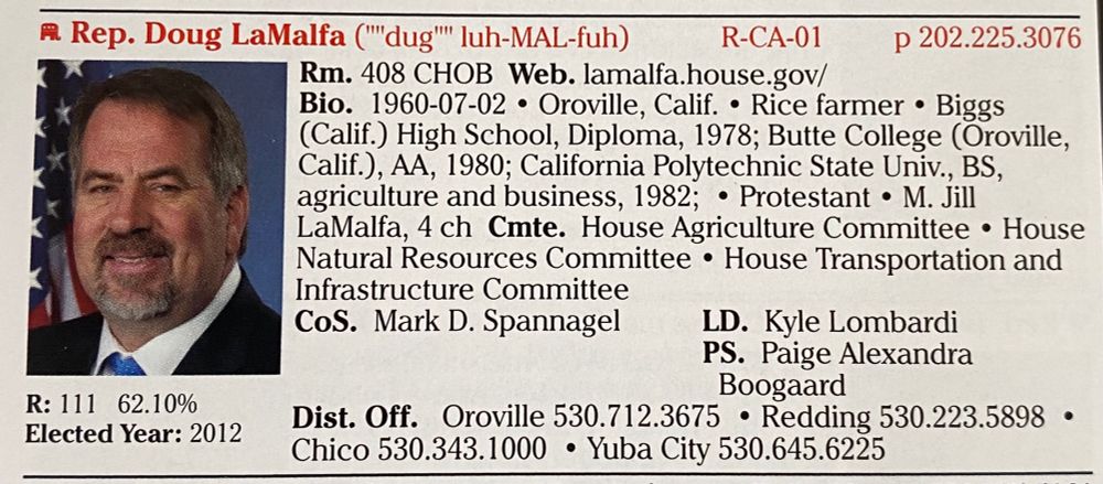 Current office holder is a republican in the first congressional district of California