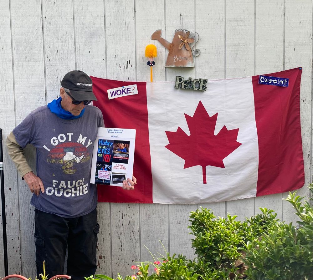 Canadian is hanging out in my FAUCI OUCHIE! Tee Shirt, in lovely Sonoma County, Northern Calif. with Props!