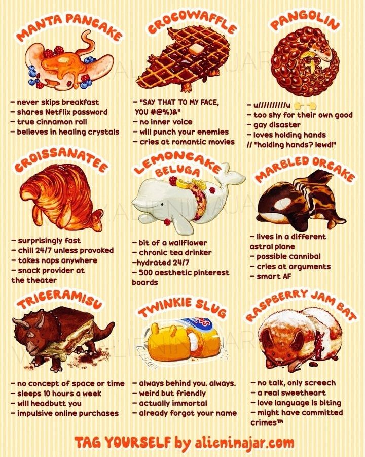 MANTA PANCAKE

S

never skips breakfast

shares Netflix password

true cinnamon roll

believes in healing crystals

CROISSANATEE

surprisingly fast

chill 24/7 unless provoked

takes naps anywhere

snack provider at the theater

TRICERAMISU

no concept of space or time

sleeps 10 hours a week

will headbutt you

impulsive online purchases

CROCOWAFFLE

- "SAY THAT TO MY FACE, YOU #@%)&"

no inner voice

will punch your enemies

cries at romantic movies

LEMONCAKE BELUGA

- bit of a wallflower

chronic tea drinker

-hydrated 24/7

500 aesthetic pinterest boards

TWINKIE SLUG

- always behind you. always.

weird but friendly

actually immortal

already forgot your name

PANGOLIN

too shy for their own good

gay disaster

loves holding hands

// "holding hands? lewd!"

MARBLED ORCAKE

- lives in a different astral plane

possible cannibal

cries at arguments

smart AF

RASPBERRY JAM BAT

no talk, only screech

a real sweetheart

love language is biting

might have committed crimes™

TAG YOURSELF by alieninajar.com