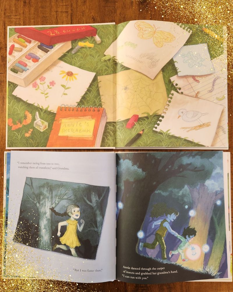 Two copies of the book When the Air Sang are open to the interior. One shows the endpapers, covered in a child's sketchbook and nature art. The other shows an interior spread with Annie running alongside her grandma, and a flashback photo to her grandma running through the trees as a child.