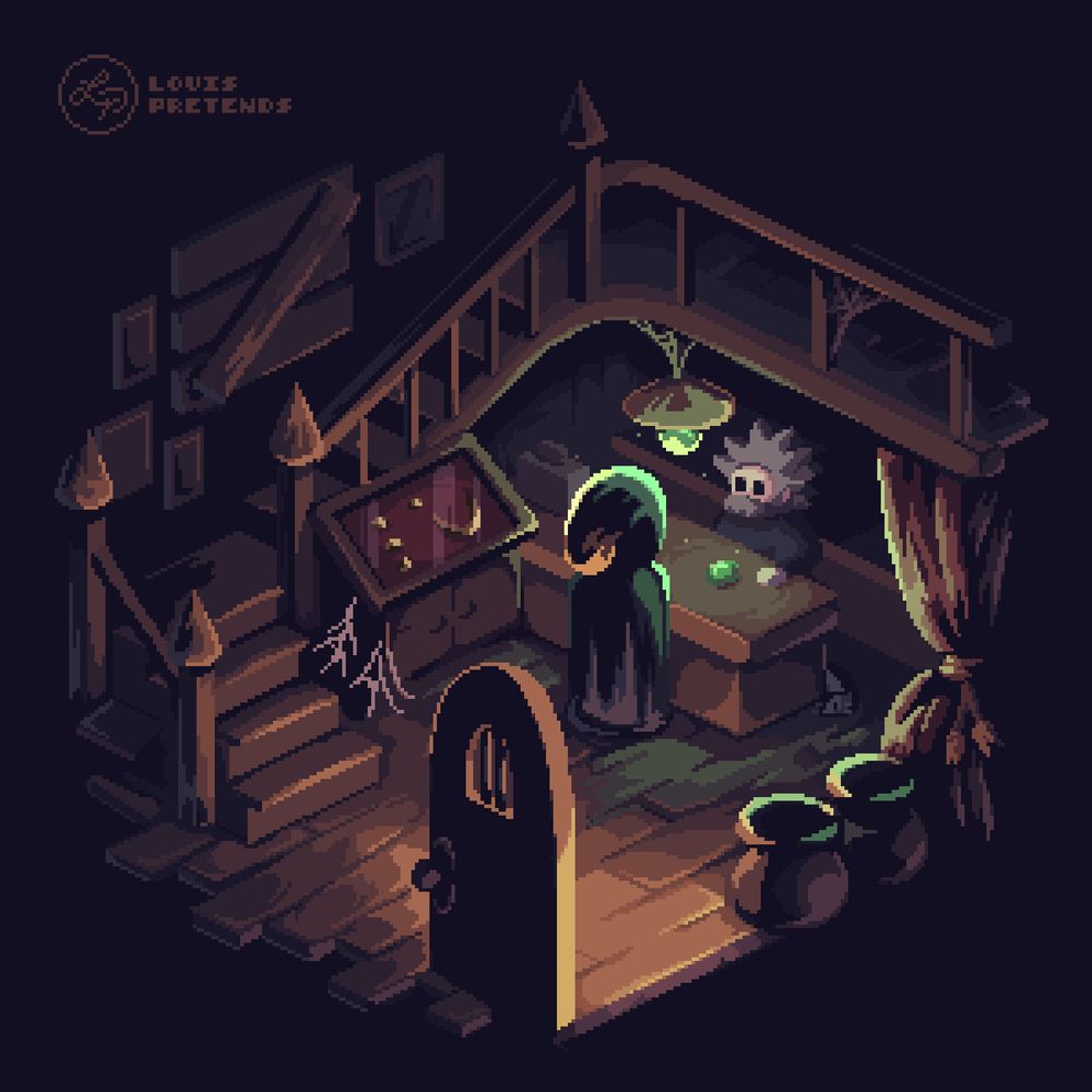 An isometric pixel art scene of a hooded figure in a gloomy shop, seemingly buying a gem from an old man. There are cobwebs everywhere.