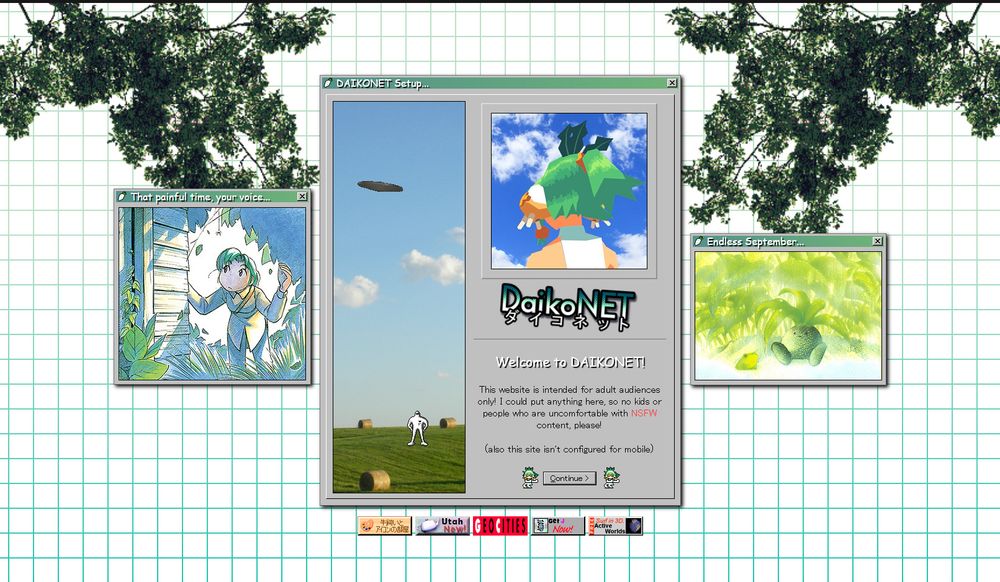 The landing page, featuring an animated background, windows in a windows 98 style, and various images in different styles. 