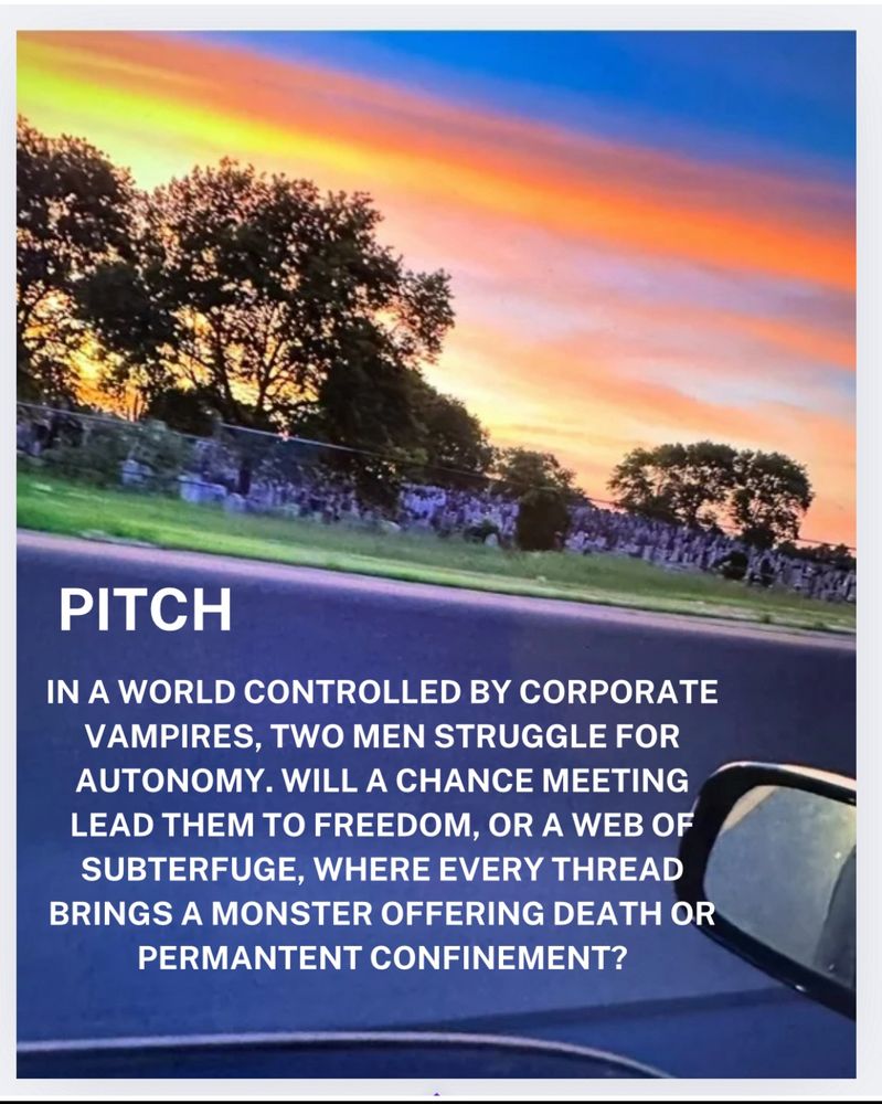 Photo of a vibrant sunset over a graveyard as seen from the window of a fast moving vehicle. 
It reads: PITCH:

IN A WORLD CONTROLLED BY CORPORATE VAMPIRES, TWO MEN STRUGGLE FOR AUTONOMY. WILL A CHANCE MEETING
LEAD THEM TO FREEDOM, OR A WEB OF SUBTERFUGE, WHERE EVERY THREAD BRINGS A MONSTER OFFERING DEATH OR PERMANTENT CONFINEMENT?

Photo by Dawn Berkoski 