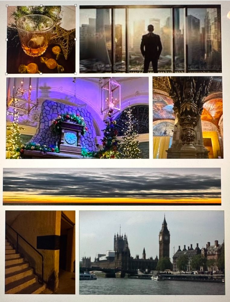 Several photos are shown in this Moodboard for I Am Chosen, a paranormal romance written by Dawn Berkoski. From the top left, a glass of aged scotch surrounded by butterscotch candies, a CEO standing in a high rise office, staring out a window, a giant hotel clock surrounded by Christmas decor, a photo of art depicting demons rising from hell, a sunset with black, billowy clouds hovering over an orange stripe, a dirty cement staircase near a darkened entrance, and the city of London as viewed from the river. Photography, except the man, by Dawn Berkoski