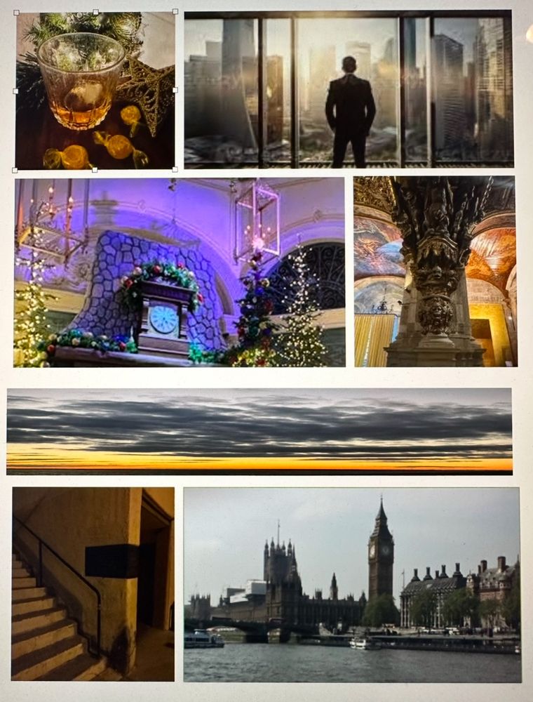 Several photos are shown in this Mood Board for I Am Chosen, a paranormal romance by Dawn Berkoski. From the top left, a glass of aged scotch surrounded by butterscotch candies, a CEO standing in a high rise office, staring out a window, a giant hotel clock surrounded by Christmas decor, a photo of art depicting demons rising from hell, a sunset with black, billowy clouds hovering over an orange stripe, a dirty cement staircase near a darkened entrance, and the city of London as viewed from the river.