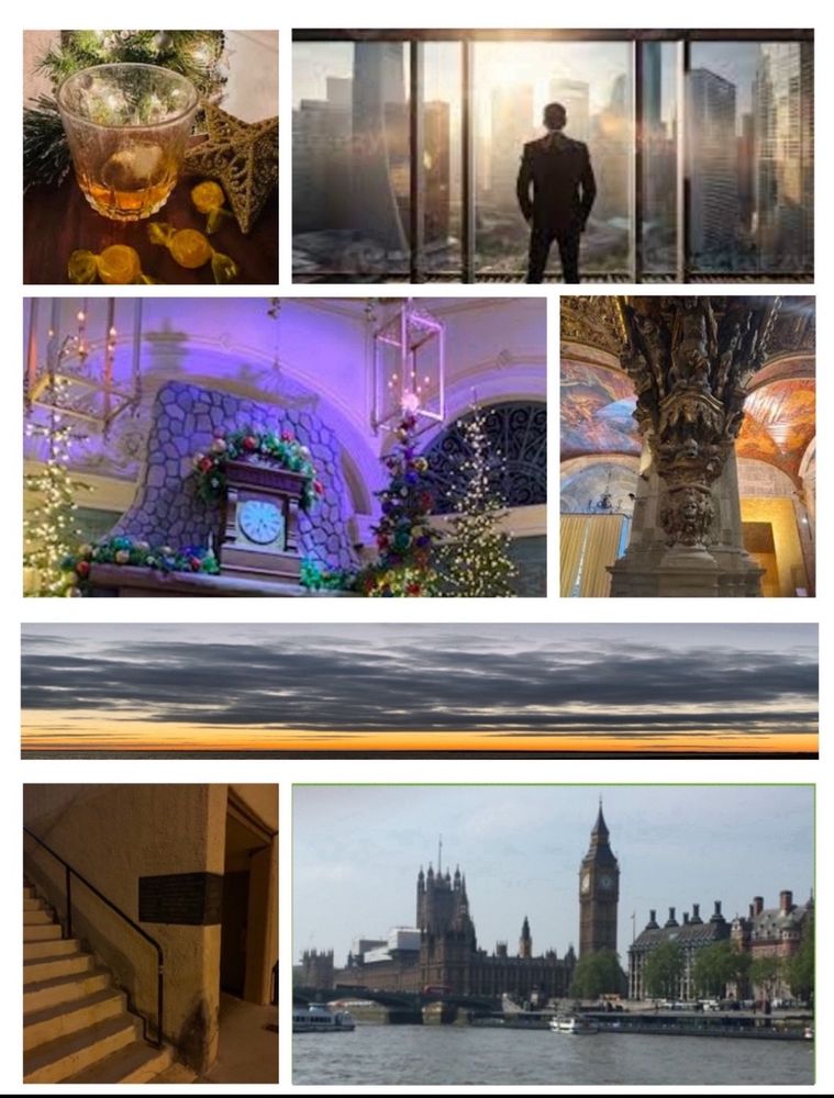 Several photos are shown in this Moodboard for I Am Chosen, a paranormal romance. From the top left, a glass of aged scotch surrounded by butterscotch candies, a CEO standing in a high rise office, staring out a window, a giant hotel clock surrounded by Christmas decor, a photo of art depicting demons rising from hell, a sunset with black, billowy clouds hovering over an orange stripe, a dirty cement staircase near a darkened entrance, and the city of London as viewed from the river. Photography, except the man, by Dawn Berkoski